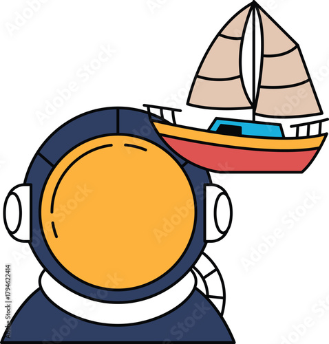 A man in a diving suit is looking at a boat