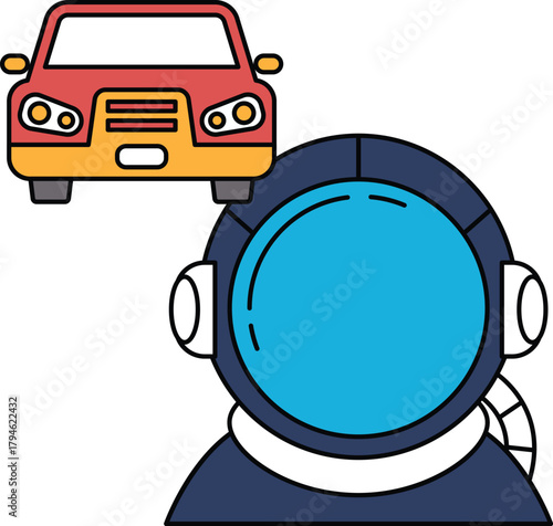 A man in a spacesuit is looking at a car