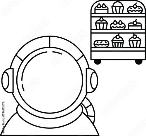 A man in a space suit is looking at a bakery with a variety of pastries