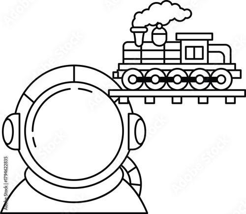 A man in a space suit is looking at a train