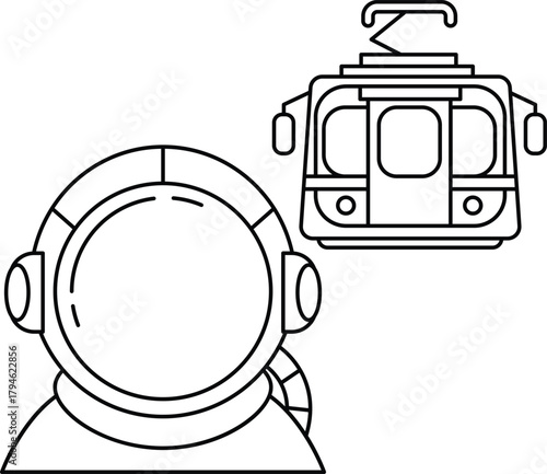 A man in a space suit is looking at a train