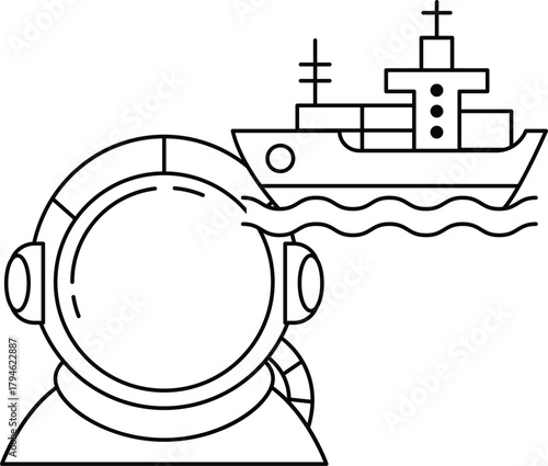 A man in a diving suit is looking at a ship in the water