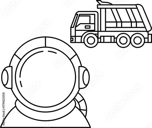 A man in a space suit is looking at a large truck
