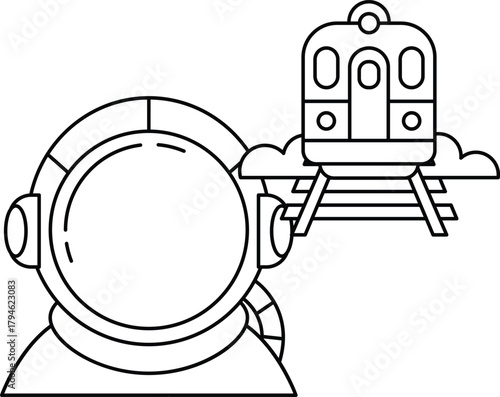 A man in a space suit is looking at a train