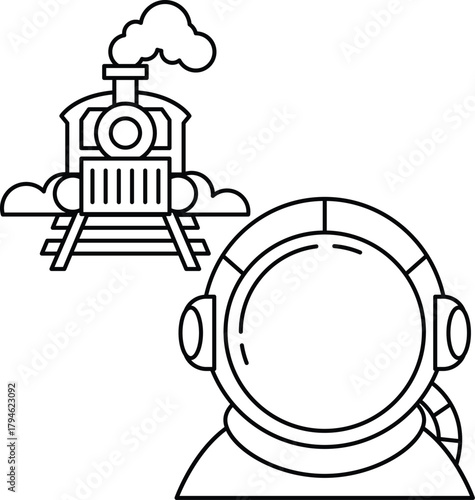 A train is on the tracks and a man in a spacesuit is looking at it