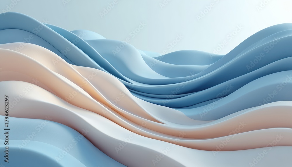 Obraz premium Abstract background with flowing blue, beige waves. Gentle pastel shapes create calm sea sand dune landscape. Soft smooth lines form serene minimal pattern, elegant motion, fluid texture. Graphic