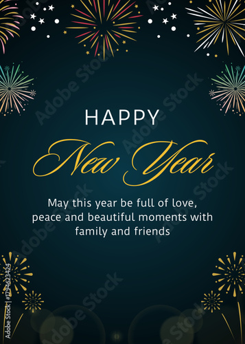 a blue background with text and fireworks (Happy New Year 2026)