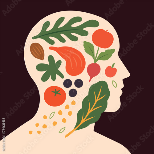 A modern abstract illustration of a human head silhouette filled with fruits, vegetables, and nuts symbolizing healthy eating