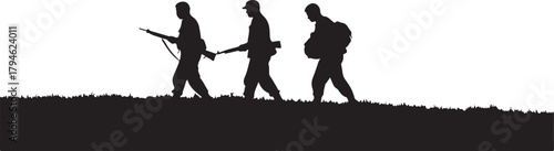 Silhouette of three soldiers walking across a grassy field with rifles