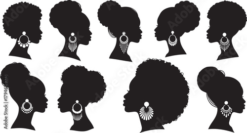 Diverse Black Women Silhouettes with Elegant Earrings and Hairstyles
