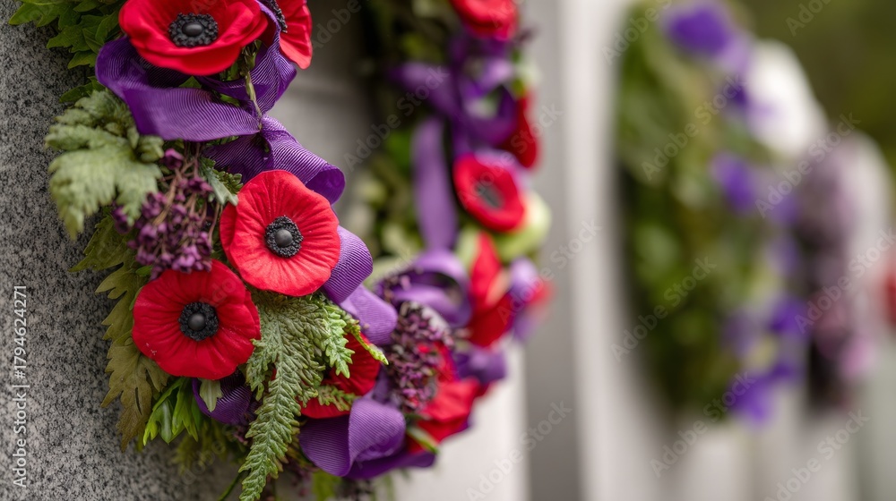 Naklejka premium Wreath poppy remembrance cemetery armistice memorial war tribute with red leaf details purple ribbons displayed in a solemn setting, enhanced by a softly blurred background for a respectful atmosphere