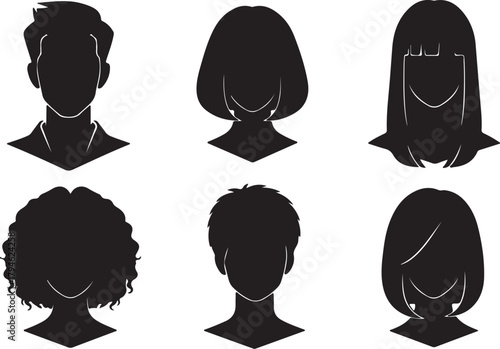 Diverse Silhouettes of People's Heads with Various Hairstyles