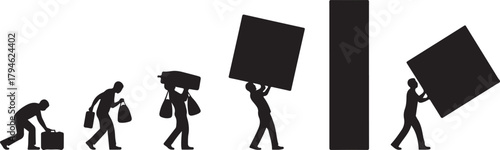 Silhouette of a man's evolution carrying increasing loads, symbolizing progress and effort