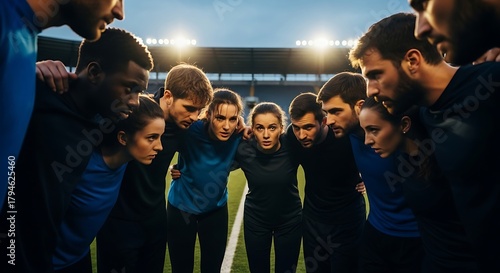Diverse group of athletes in blue and black uniforms huddle together on a sports field under stadium lights
