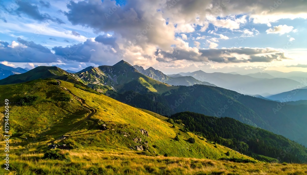 Obraz premium Green and gold mountains under a dramatic cloudy sky