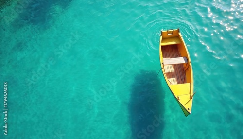 Yellow wooden rowboat floats on calm turquoise water. Boat has wooden deck and oars. Aerial view of small dinghy on still ocean or lake on a sunny summer day.