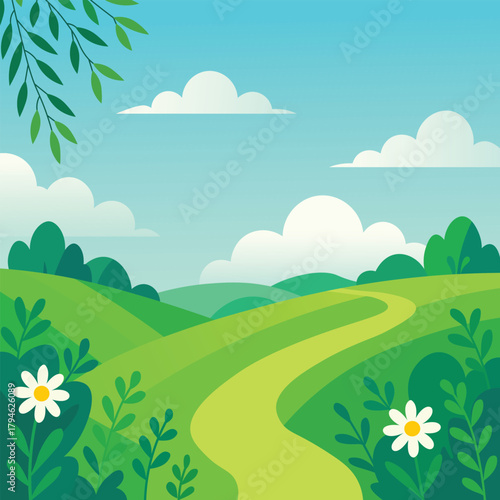 Clean Flat Illustration of A bright peaceful summer nature scene with softly rolling green hills resting under a clear blue sky.