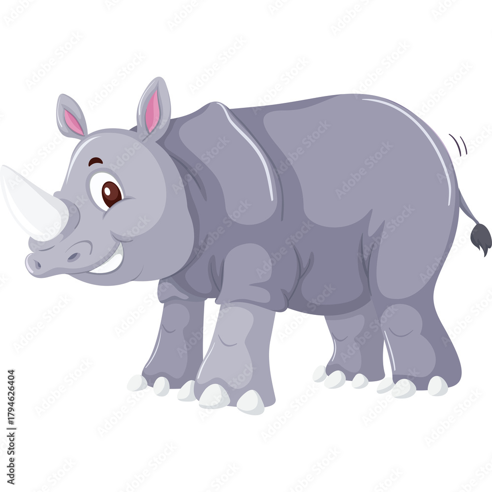 Fototapeta premium Cartoon Style Rhinoceros With Transparent Background And White Horn And Pink Ears