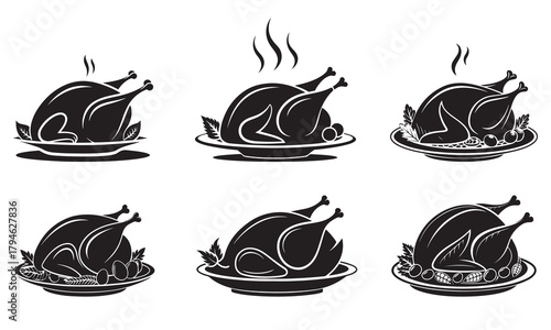 Collection of roasted chicken or turkey silhouettes for holiday meals and culinary design
