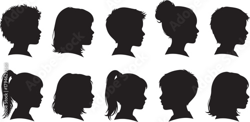 Diverse Silhouettes of Children's Heads in Profile, Representing Youth and Individuality