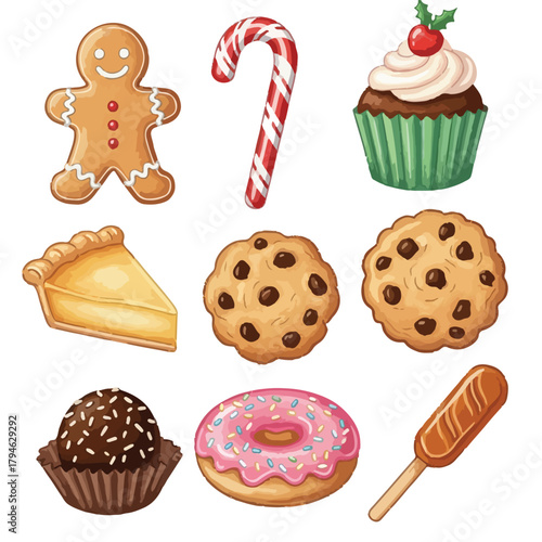 Flat lay of various Christmas treats, including cookies, cupcakes, and candy on a white background, conveying a festive holiday mood with sweet foods.
