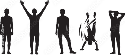 Silhouettes of Men in Various Poses: Standing, Arms Raised, Upside Down, Relaxed