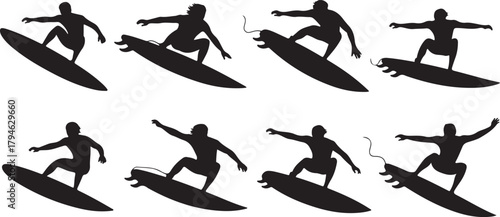 Silhouettes of Surfers Riding Waves in Dynamic Poses
