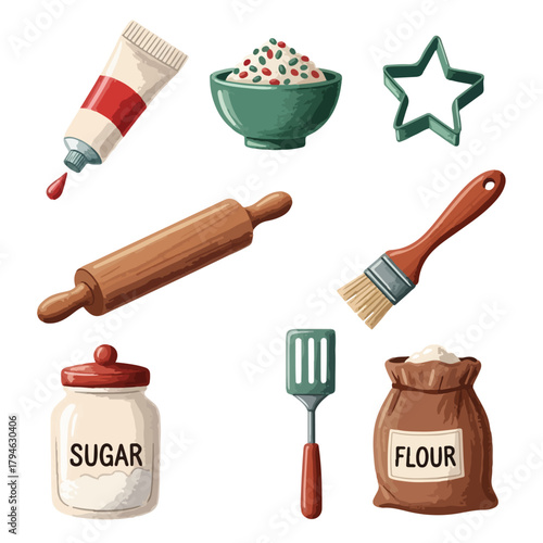 Flat lay of baking supplies including sugar, flour, and cookies on a white background with a Christmas theme, featuring various tools and ingredients for holiday baking.