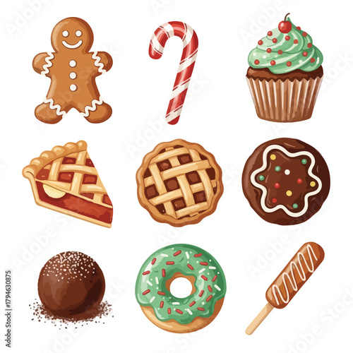 Flat lay of various Christmas treats including gingerbread man, candy cane, cupcake, pie, cookies, and donuts on a clean white background, conveying a festive holiday mood with sweet foods.