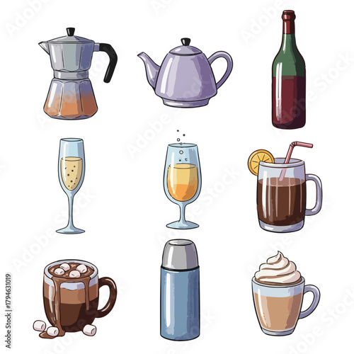 Flat lay illustration of various festive holiday drinks and food items including coffee, wine, and cookies on a white background with a Christmas theme.