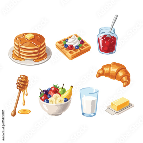 Flat lay illustration of various Christmas foods and treats, including pancakes, waffles, croissants, cookies, fruits, and breakfast items on a clean white background.