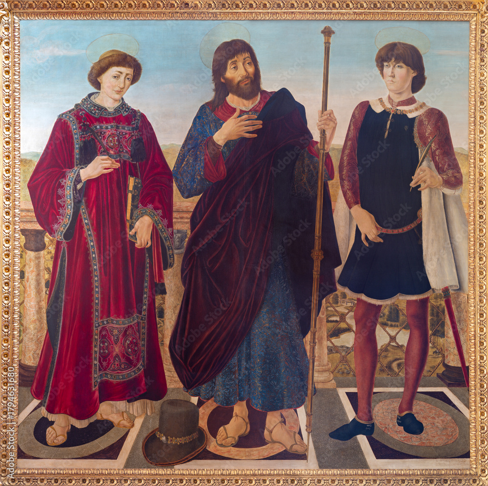 Naklejka premium Florence - The renaissance painting of saints Vincent, James the Lees and Eustachius in church San Miniato al Monte by Antonio del Pollaiolo and Piero del Pollaiolo (1466-1468).