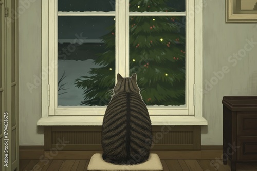 A solitary cat sitting on a small rug facing a frosted window with a glowing Christmas tree behind it in a quietly minimal, softly lit room, capturing emotional stillness and holiday melancholy
