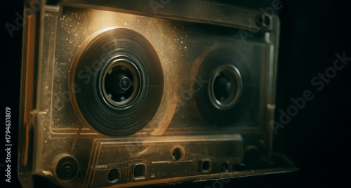Close-up of an old cassette tape illuminated by warm, dusty light, highlighting its spinning reels and transparent housing to evoke a nostalgic, analog atmosphere with cinematic detail.