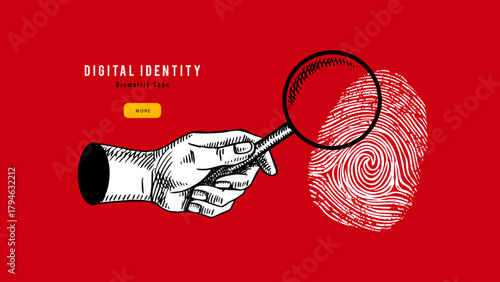 Collage of sketch hand, magnifying glass and fingerprint. Cybersecurity, fintech, banking, cloud services, border control, law legal services, detective concept. Hand drawn vector illustration.