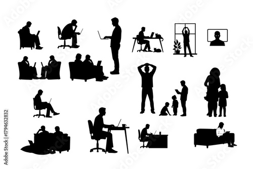 Different jobs of people using Internet through the computer. Icons officer use laptop silhouette pack