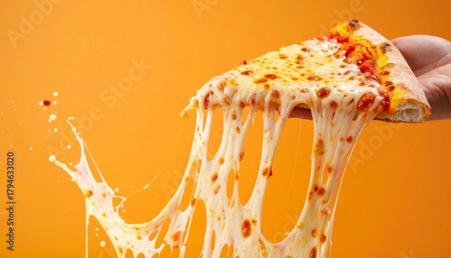 Hand holding cheesy pizza slice on bright orange background
