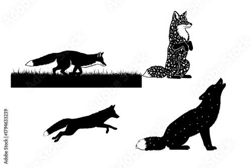 Silhouetted black foxes in different poses on a white background for creative design different fox silhouette pack