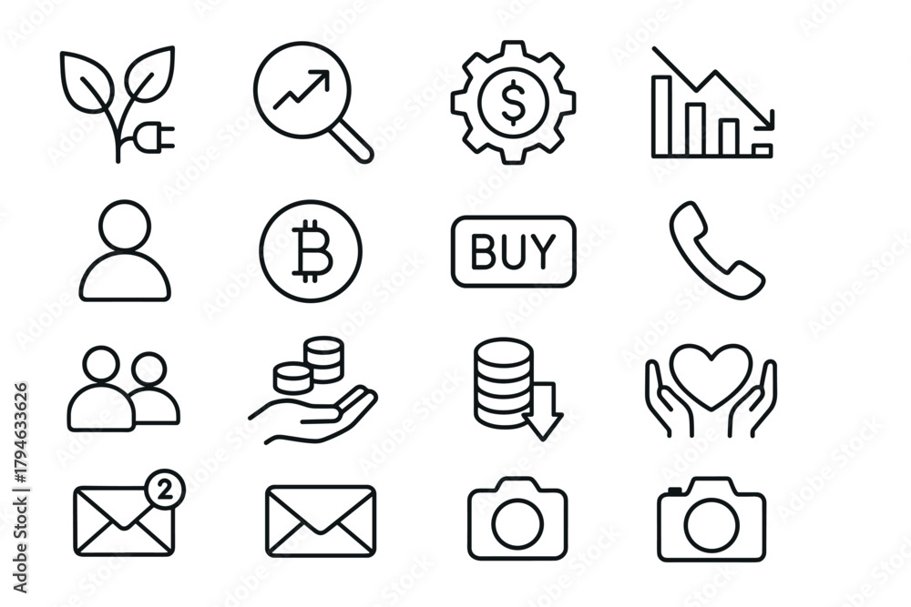 Fototapeta premium Minimalist line icons for finance and communication