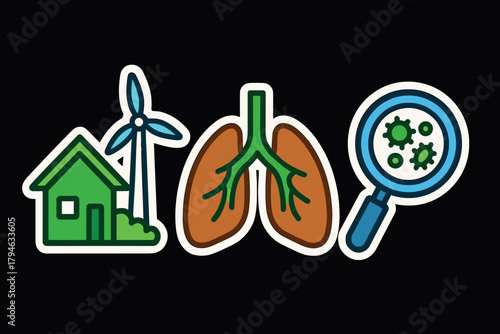 Eco living and health renewable energy, lung health, and microbiology icons