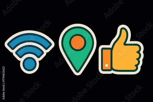 Colorful icon set featuring wifi signal, map pin, and thumbs up on black background