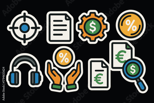 Colorful financial and technology icon set featuring documents, currency, and gadgets on black background