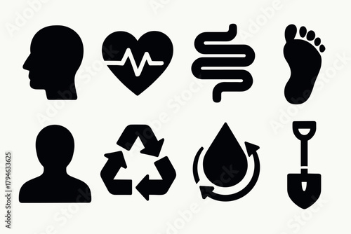 Silhouette icons health, ecology, tools  diverse symbol set for modern design