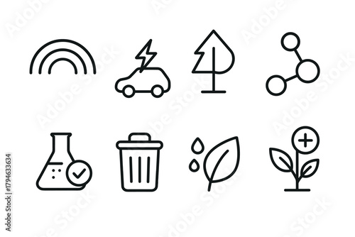 Minimalist ecofriendly line icons for sustainable living and science themes