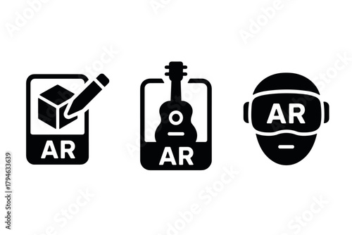 Ar icon set featuring pencil, guitar, and helmet in bold black silhouette design