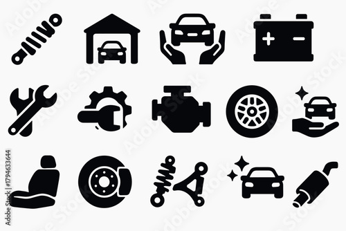 Automotive repair and maintenance icons set garage, tools, parts, car, silhouette style