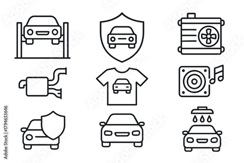 Automotive services and maintenance icons  linear style with car, shield, and tools