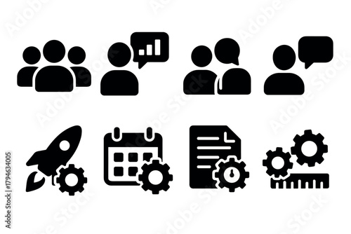 Business communication and productivity icons set in silhouette style