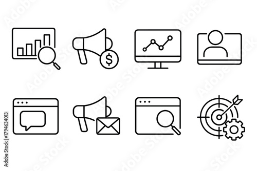 Set of linear business and marketing icons on analytics and communication