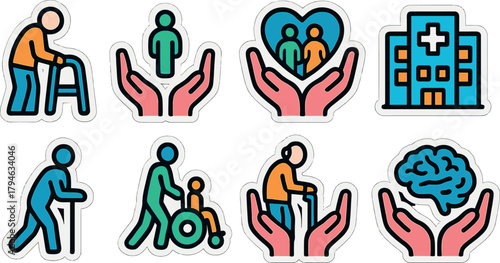 Healthcare and support icons featuring elderly care and mental health